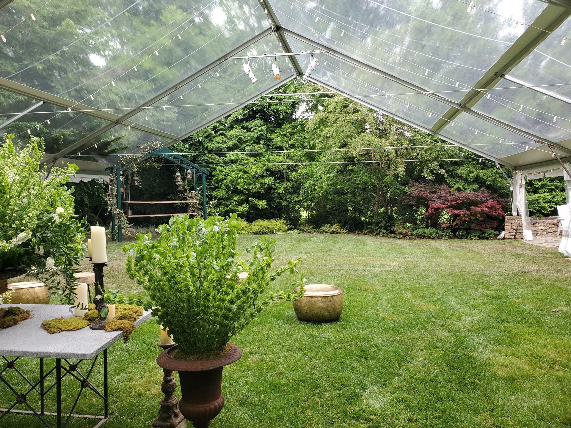 Lawn enclosed by a clear tent, with plants and a table set with candles. Lush greenery in the background.
