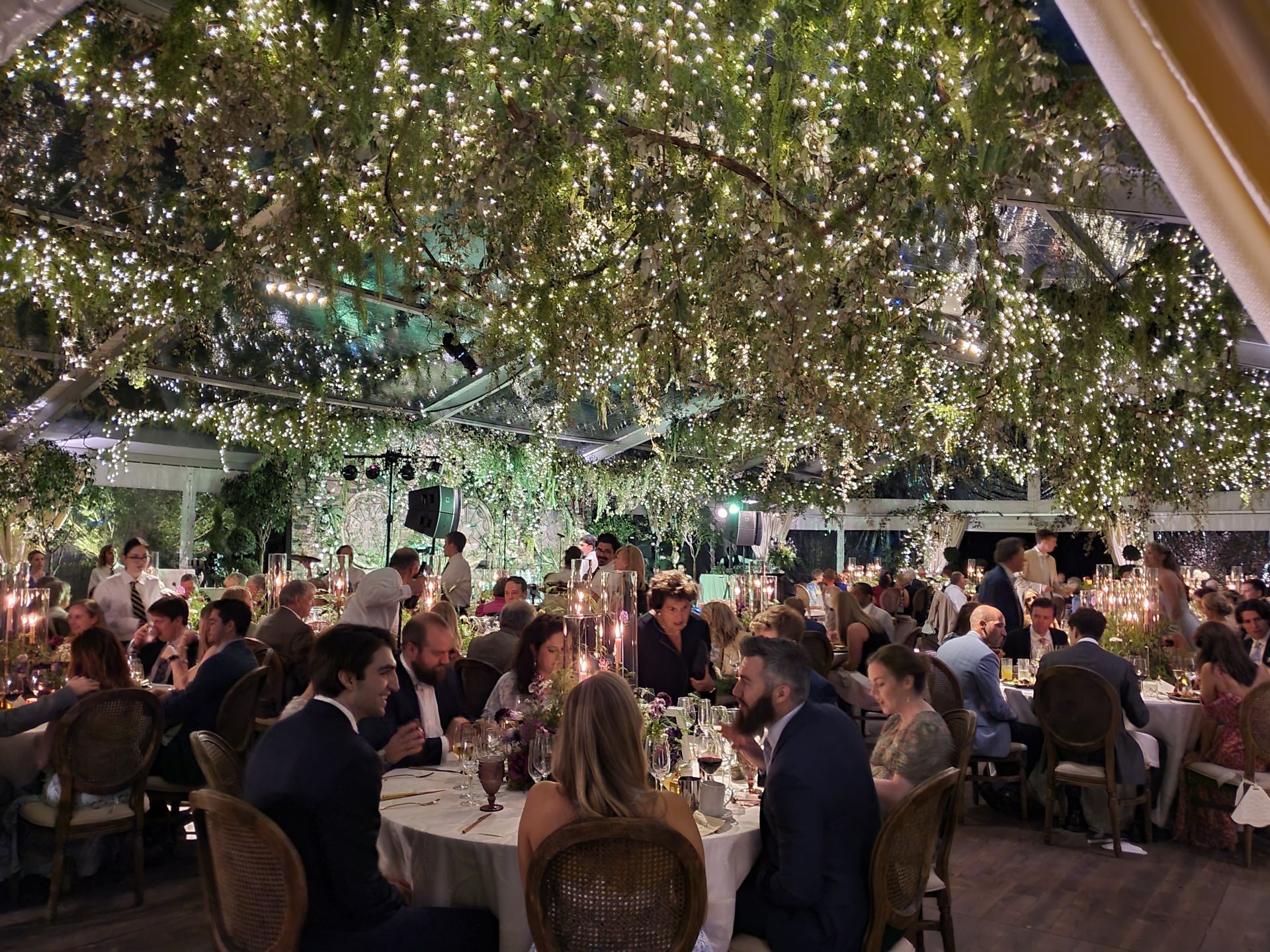 Guests at a nighttime event under a canopy of twinkling lights and greenery, seated at round tables.