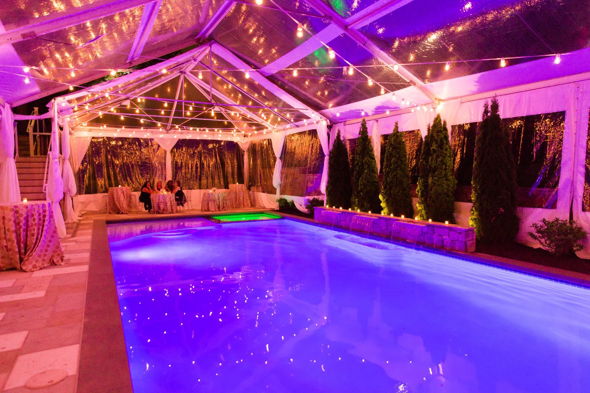 Pool under a clear tent with string lights. Purple lighting, green plants, and guests sitting at a table.