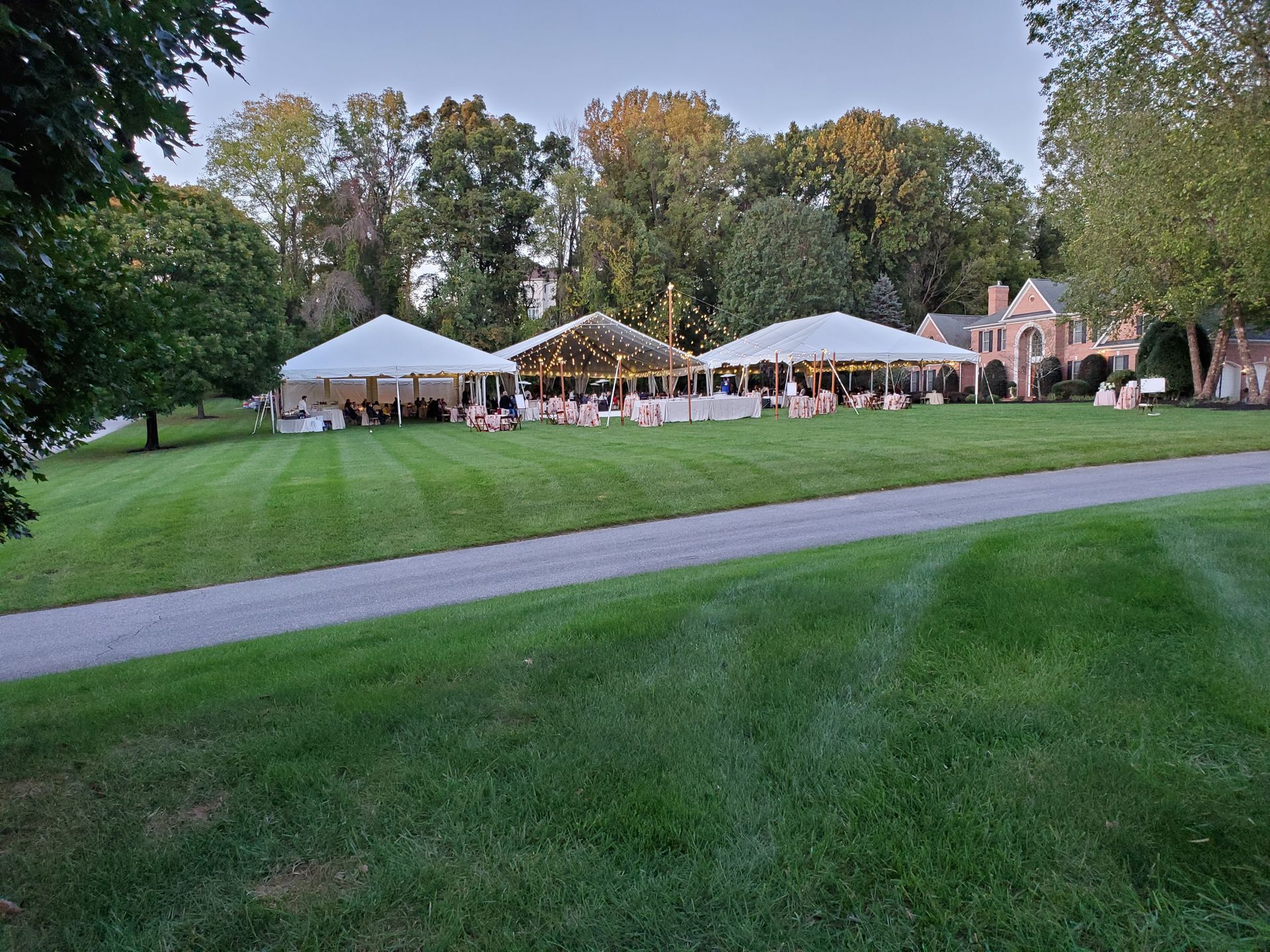 Three white tents on a grassy lawn at dusk, strung with lights. A path leads to the tents near trees and a building.