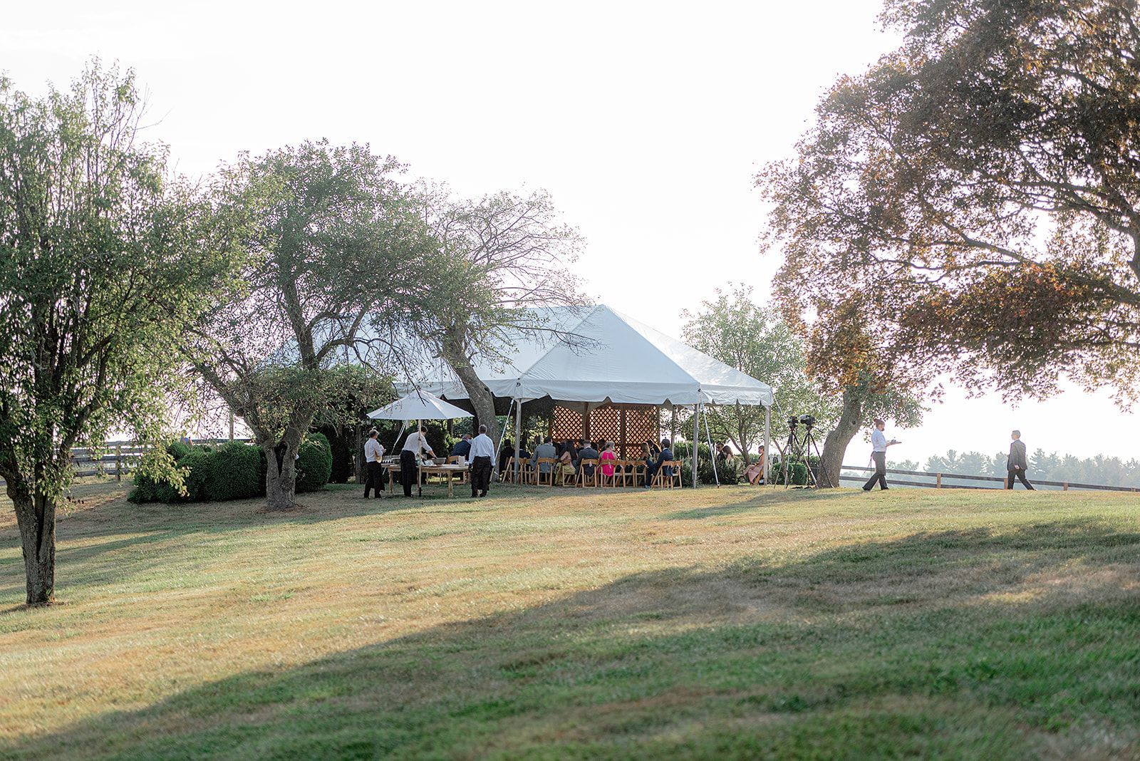 Outdoor event under a white tent on a grassy hill, trees surrounding, people present.