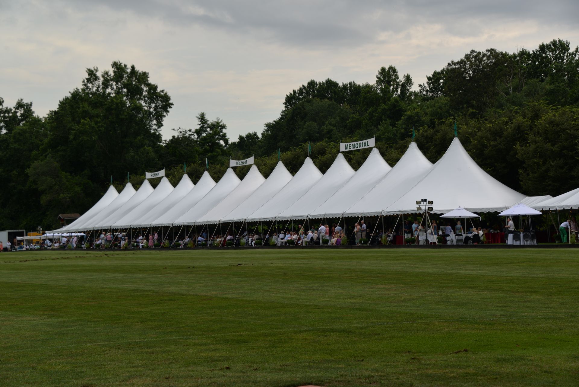 Large white party tent set up on a grassy field with people inside; trees in the background.