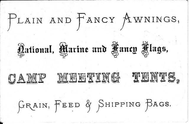 Plain and fancy awnings national marine and fancy flags camp meeting tents grain feed & shipping bags