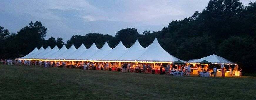A large white tent is sitting in the middle of a field.