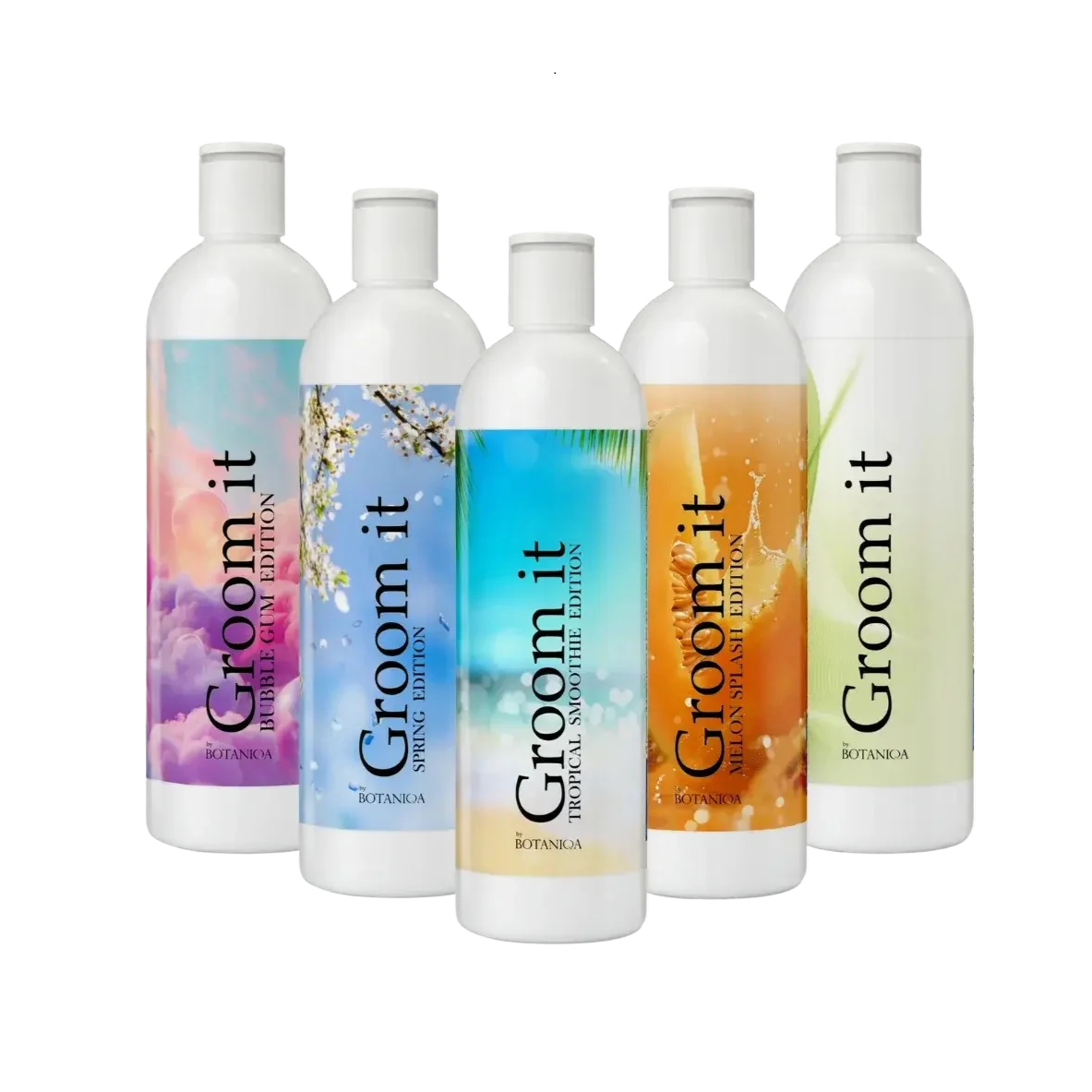 Five bottles of Groom it shampoo with colorful labels.