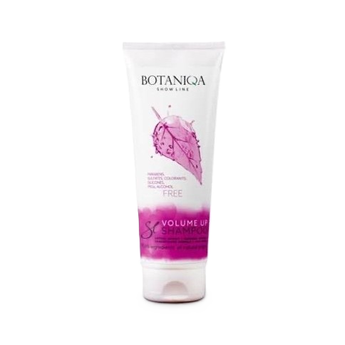 White shampoo tube with pink accents: Botaniqa Volume Up Shampoo.