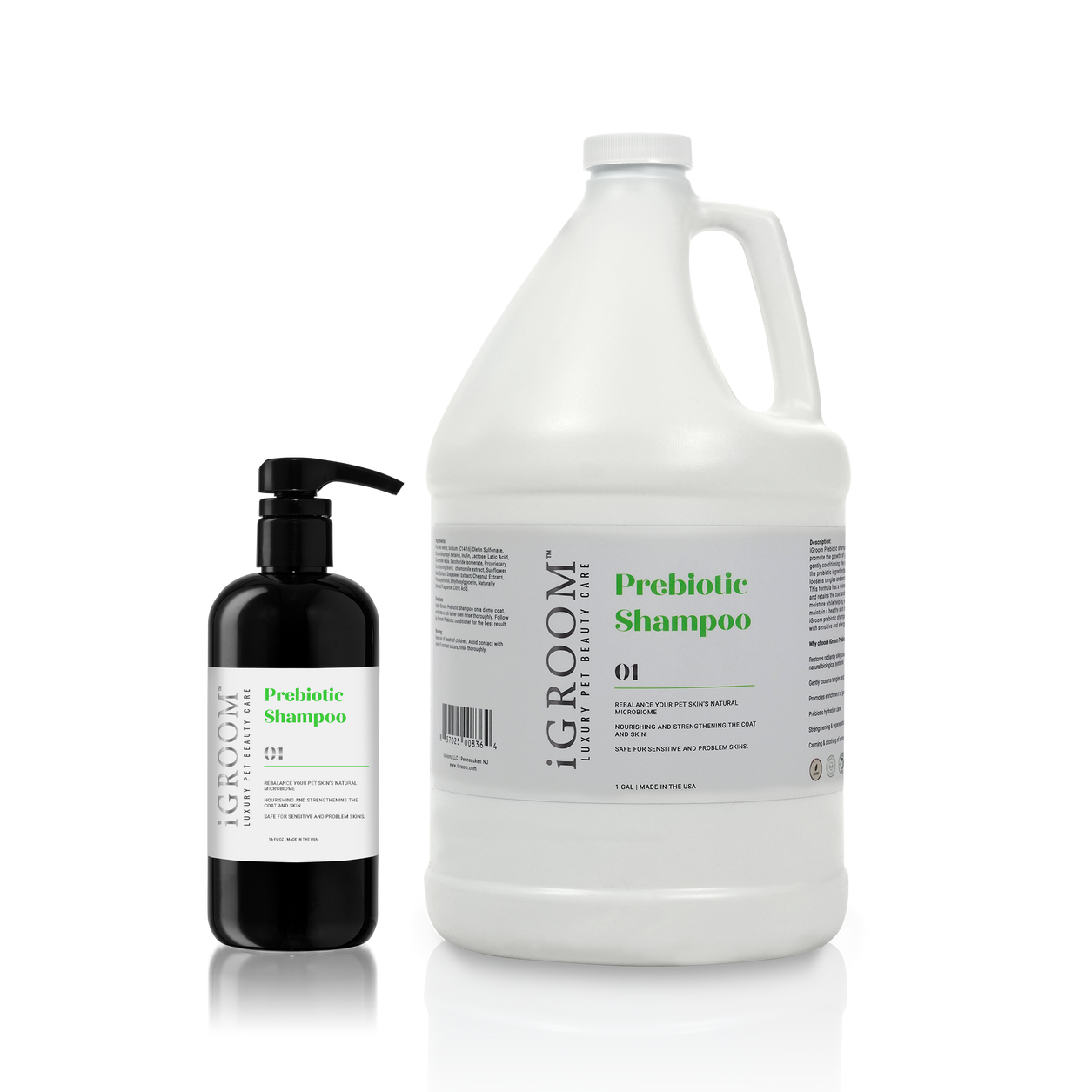 Two bottles of iGroom Probiotic Shampoo: small black bottle with pump and large white jug.