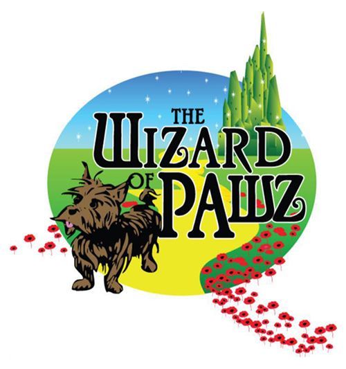 Logo for "The Wizard of Pawz," featuring a dog on a yellow brick road, leading to a green Emerald City.