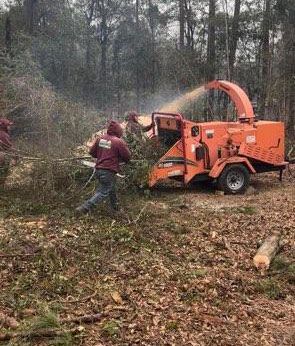 A man is standing next to a tree chipper in the woods.