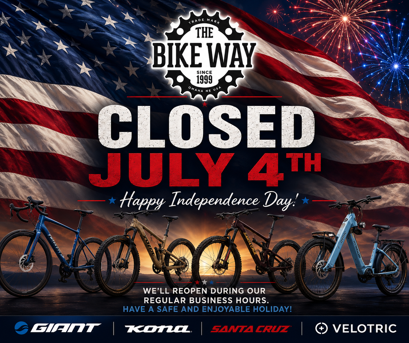Bike Way closed July 4th notice with bicycles, fireworks, and American flag backdrop