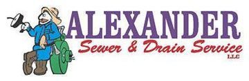 ALEXANDER Sewer & Drain Service logo with cartoon plumber holding tools beside bold purple text