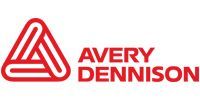 The avery dennison logo is red and white on a white background.