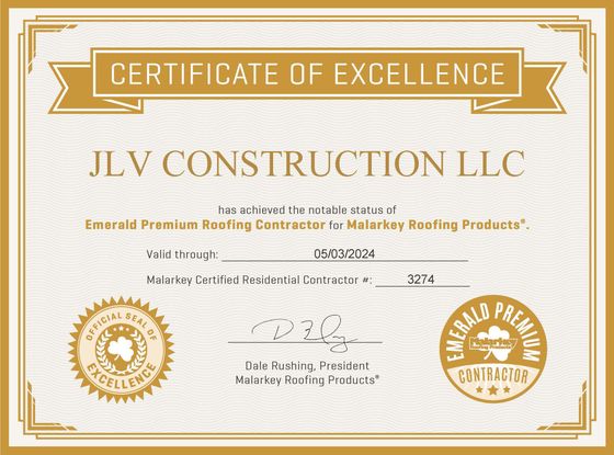 Notable Status of Emerald Premium Roofing Contractor for Malarkey Roofing Products Certificate of Excellence Valid Through 05/03/2024