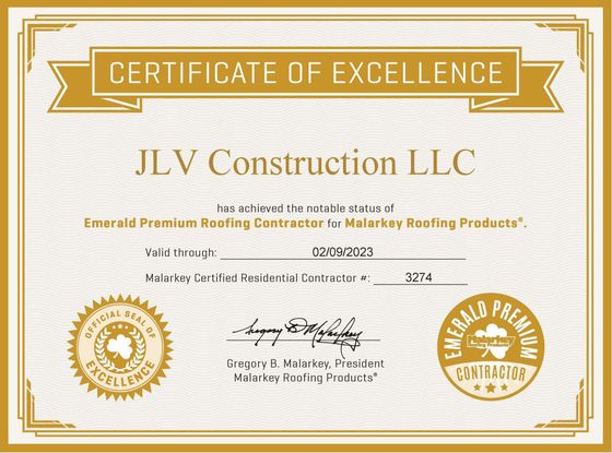 Notable Status of Emerald Premium Roofing Contractor for Malarkey Roofing Products Certificate of Excellence Valid Through 02/09/2023