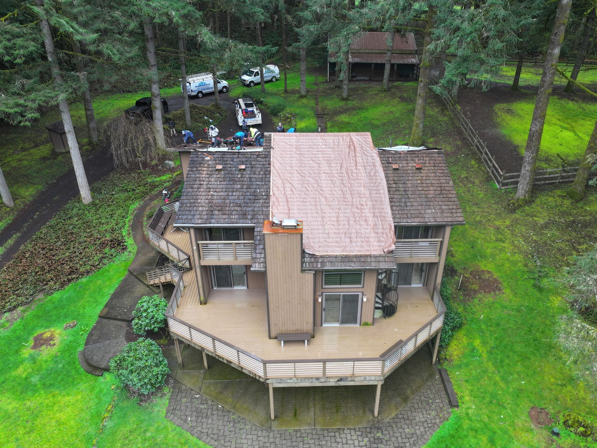 An aerial view of the roof being built