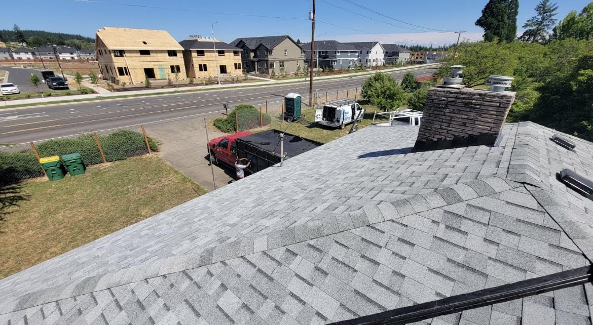 light gray roof with chimney