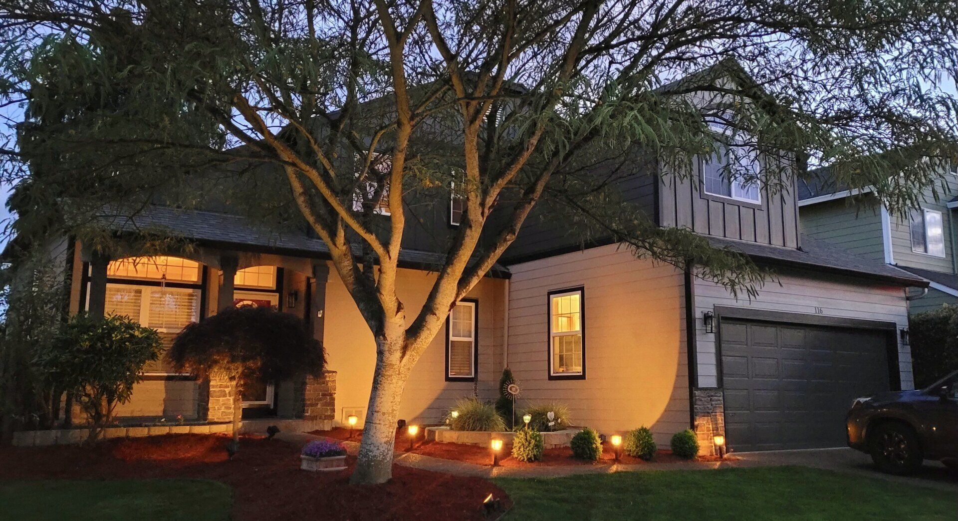 newly painted house at night