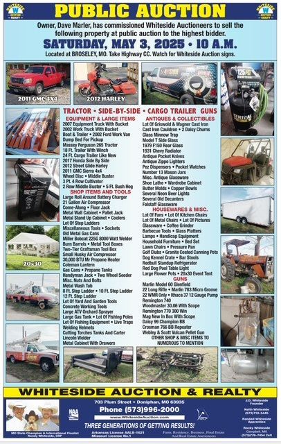 A poster for a public auction on saturday may 3