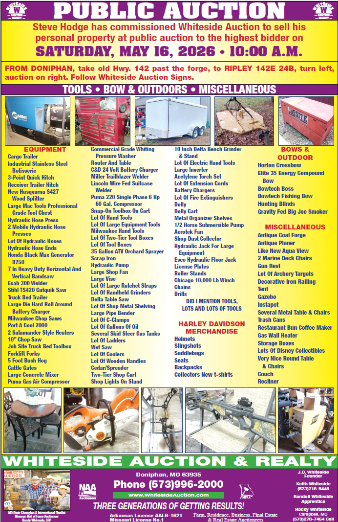 Estate auction flyer for the Cecil S. Rule Darrell estate on April 18, 2020, listing farm equipment, tools, and antiques.