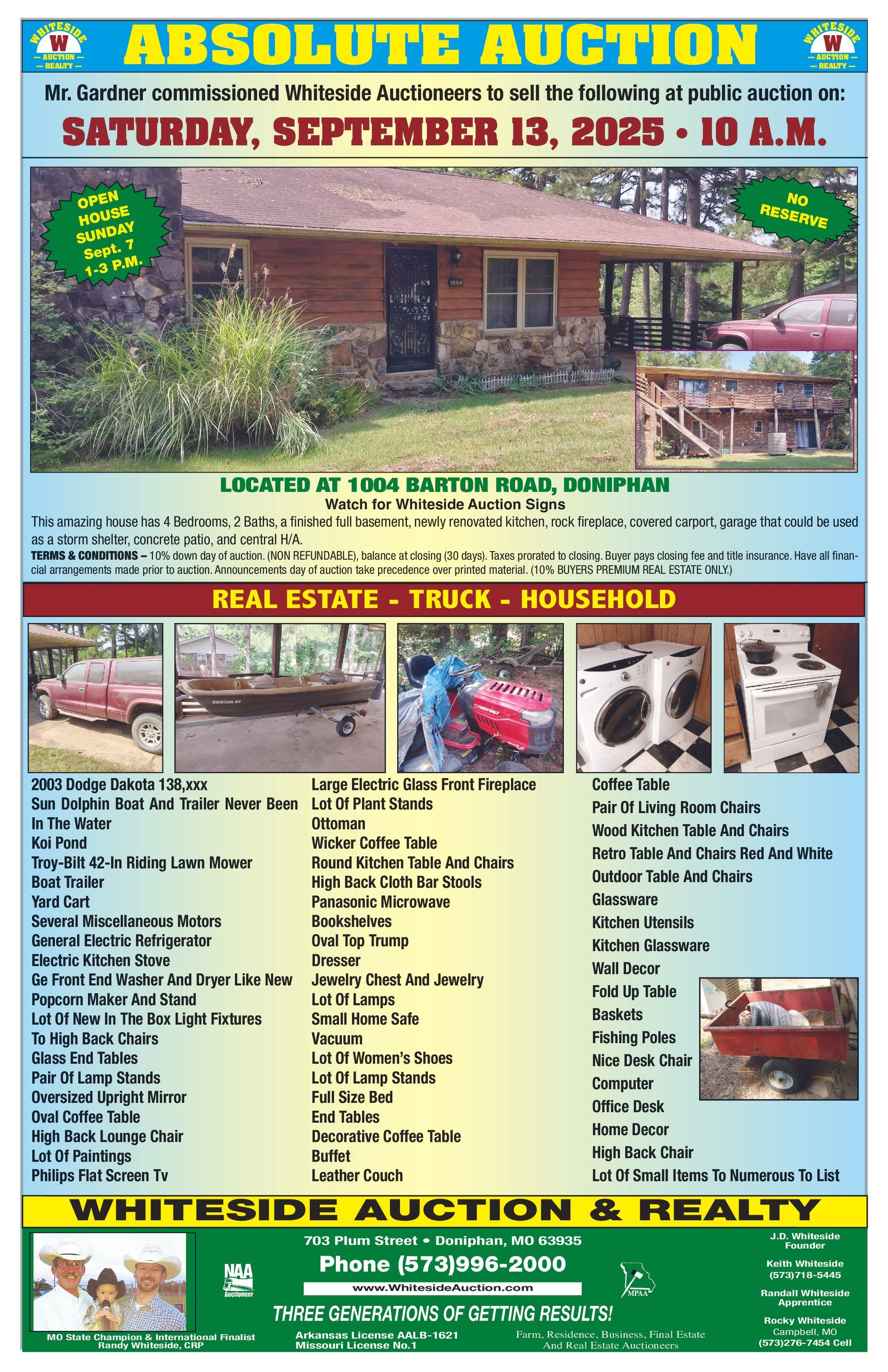 Real estate auction advertisement for a house at 1004 Barton Road, Doniphan, MO on Sept 13, 2025.