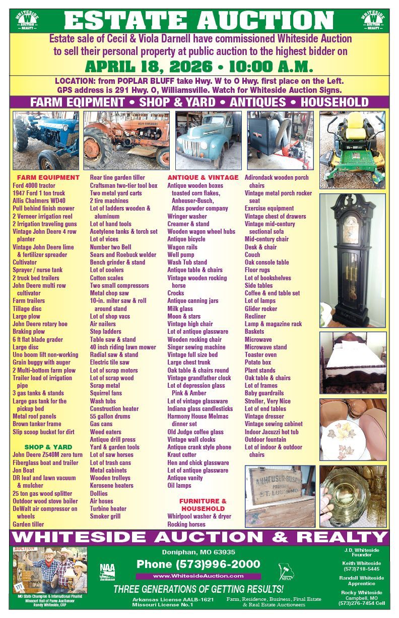 Estate auction advertisement featuring vehicles, tools, furniture, and collectibles. February 7, 2026, 10:00 AM. Whiteside Auction & Realty.
