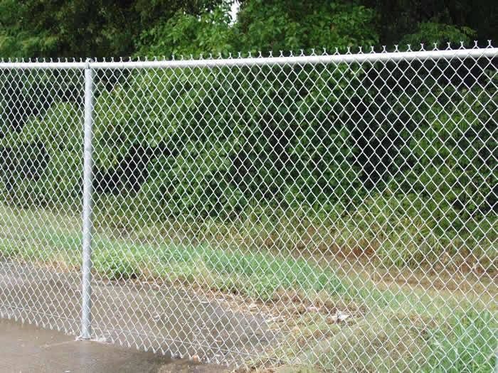 Chain-link fence beside a dirt path with green trees in the background