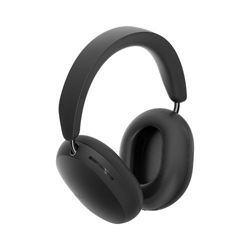 A pair of black headphones on a white background.