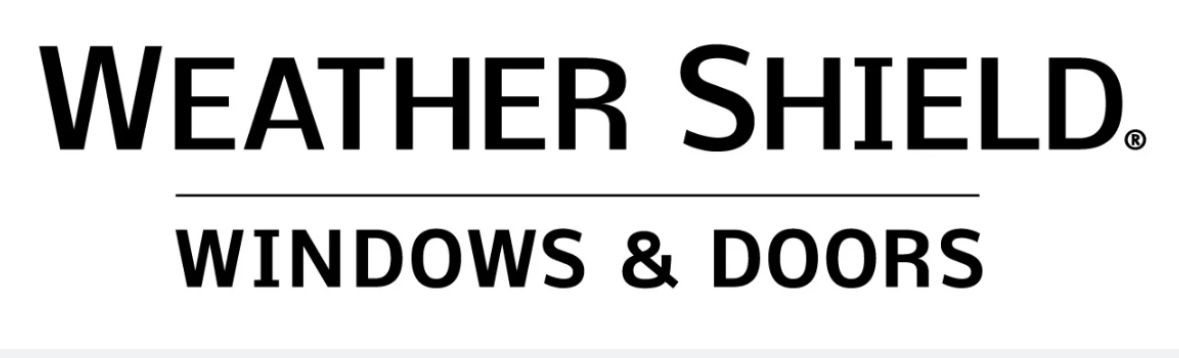 The logo for weather shield windows and doors is black and white.