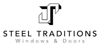 The logo for steel traditions windows and doors is black and white.