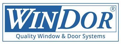 The logo for windor quality window and door systems is blue and white.