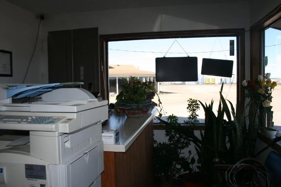 An office reception area with a printer in the foreground, a desk, and a large window looking out onto a sunny desert lot.