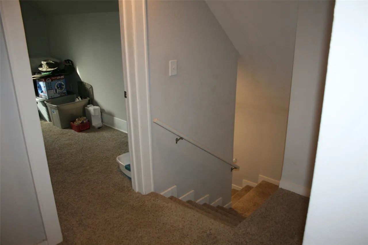 A staircase descending into a dimly lit space next to a carpeted room with storage boxes and a cat litter box.