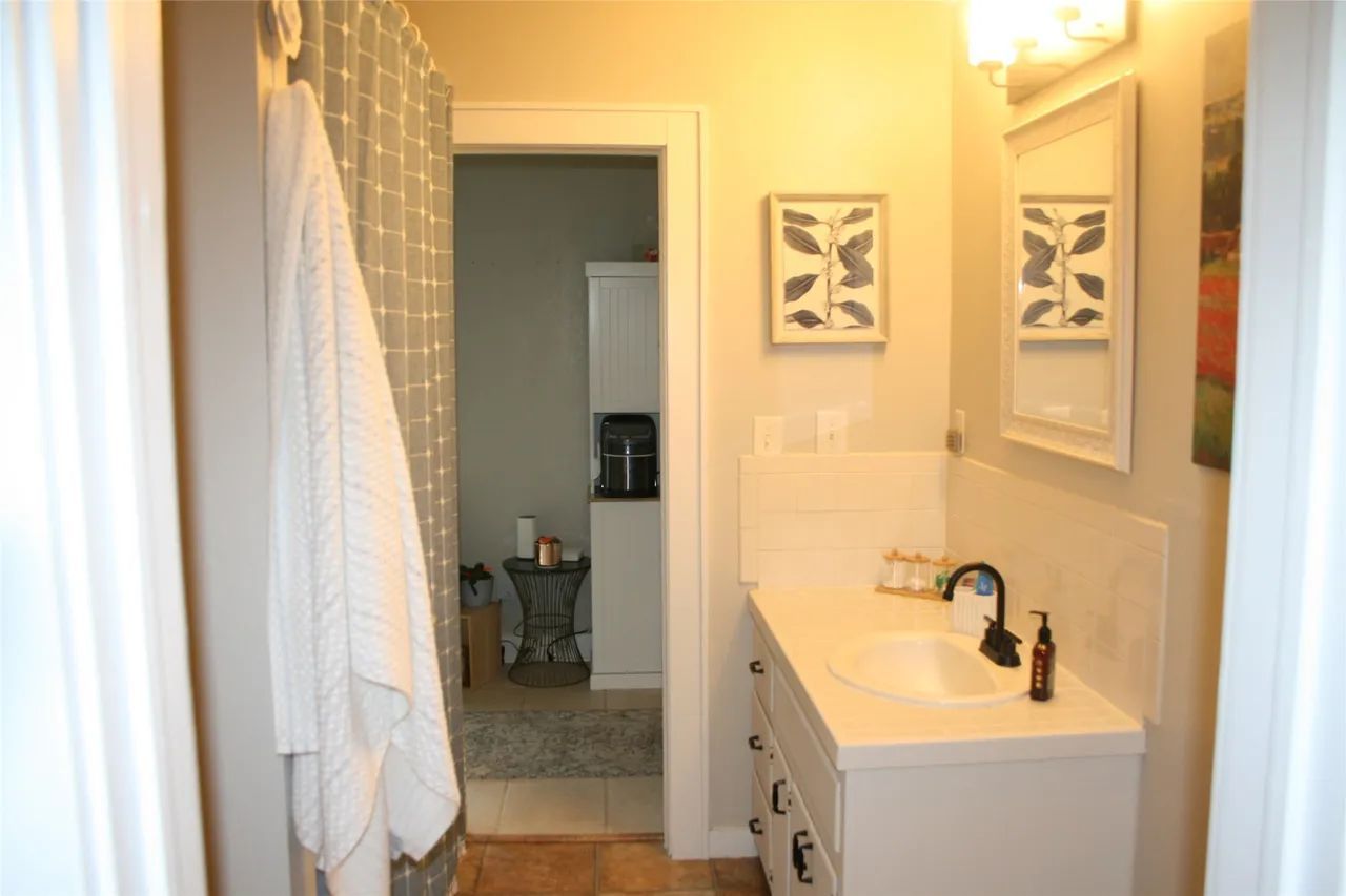A bathroom with a white vanity, a mirror, framed leaf artwork on the wall, and a gray shower curtain in the foreground.