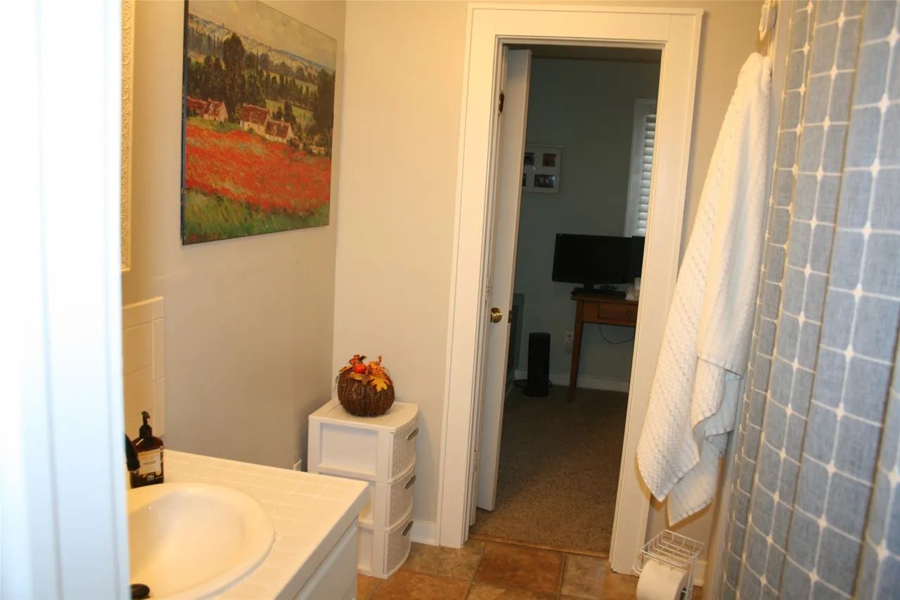 A bathroom with a white sink and counter, a wall painting, a small storage unit, and a view into an adjacent bedroom.