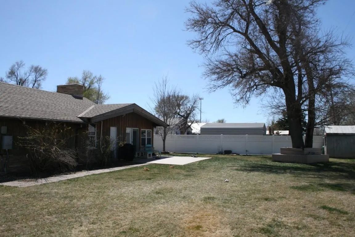 A suburban backyard with a brown house on the left, a grassy lawn, a large bare tree, and a white fence in the background.