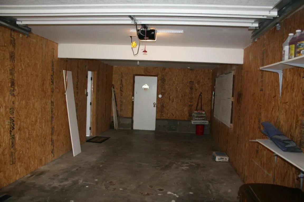 Empty garage with OSB-paneled walls, a concrete floor, a white back door, and a ceiling-mounted garage door opener.