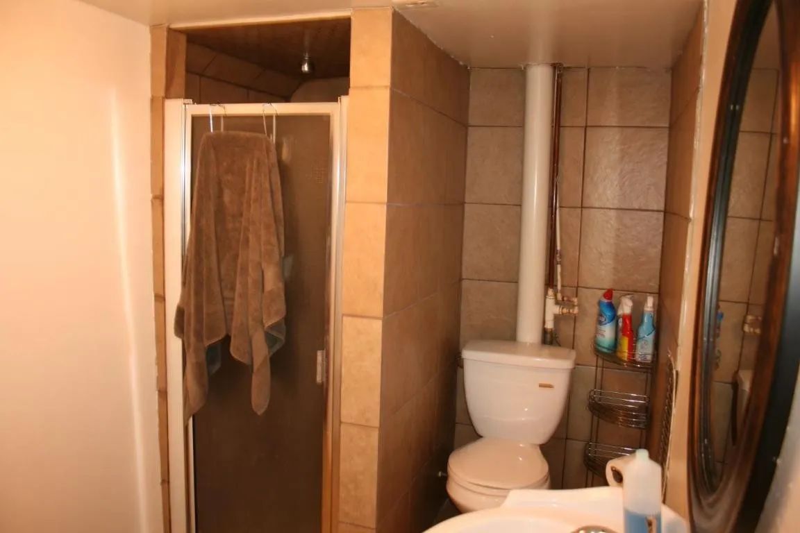A small bathroom featuring a tiled shower stall next to a white toilet, with a sink and mirror in the foreground.