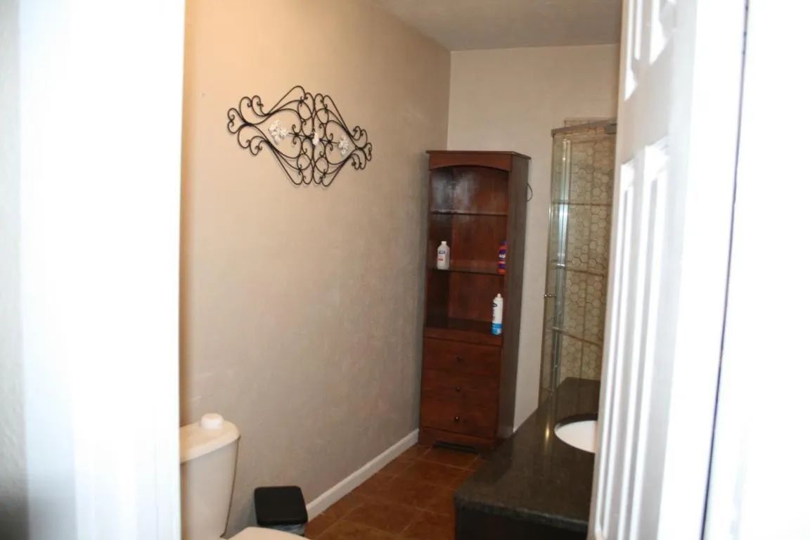 A bathroom interior showing a toilet, a tall wooden storage cabinet, and a dark vanity with a sink against a light wall.