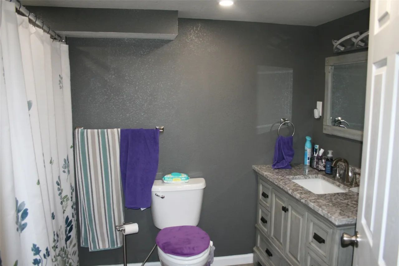 A bathroom with dark grey walls, a vanity with granite countertop, a white toilet with a purple cover, and a shower curtain.