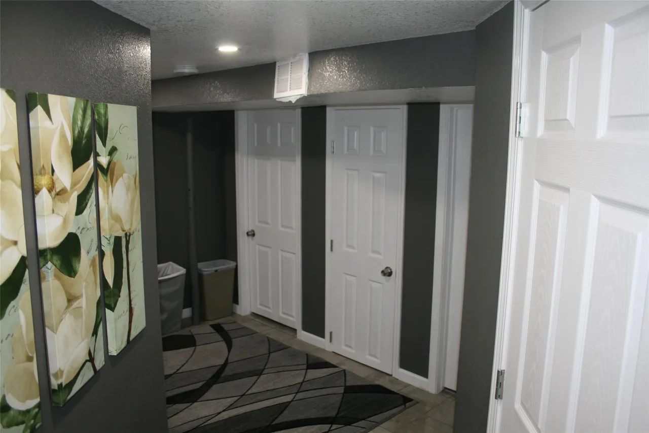 A dimly lit hallway with dark grey walls, white doors, a patterned rug, and floral wall art.