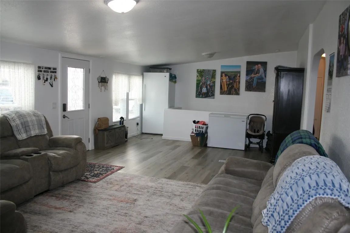 A living room with two gray sofas, a rug, a white freezer, and wall art.