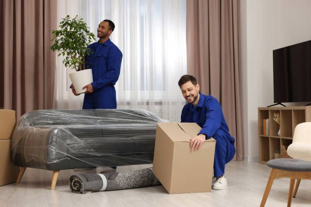 Two men in blue uniforms carry boxes into a living room, representing a furniture moving company at 