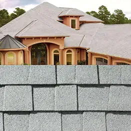 House with gray roof shingles, set against a cloudy sky and trees, and an up-close view of the shingles.