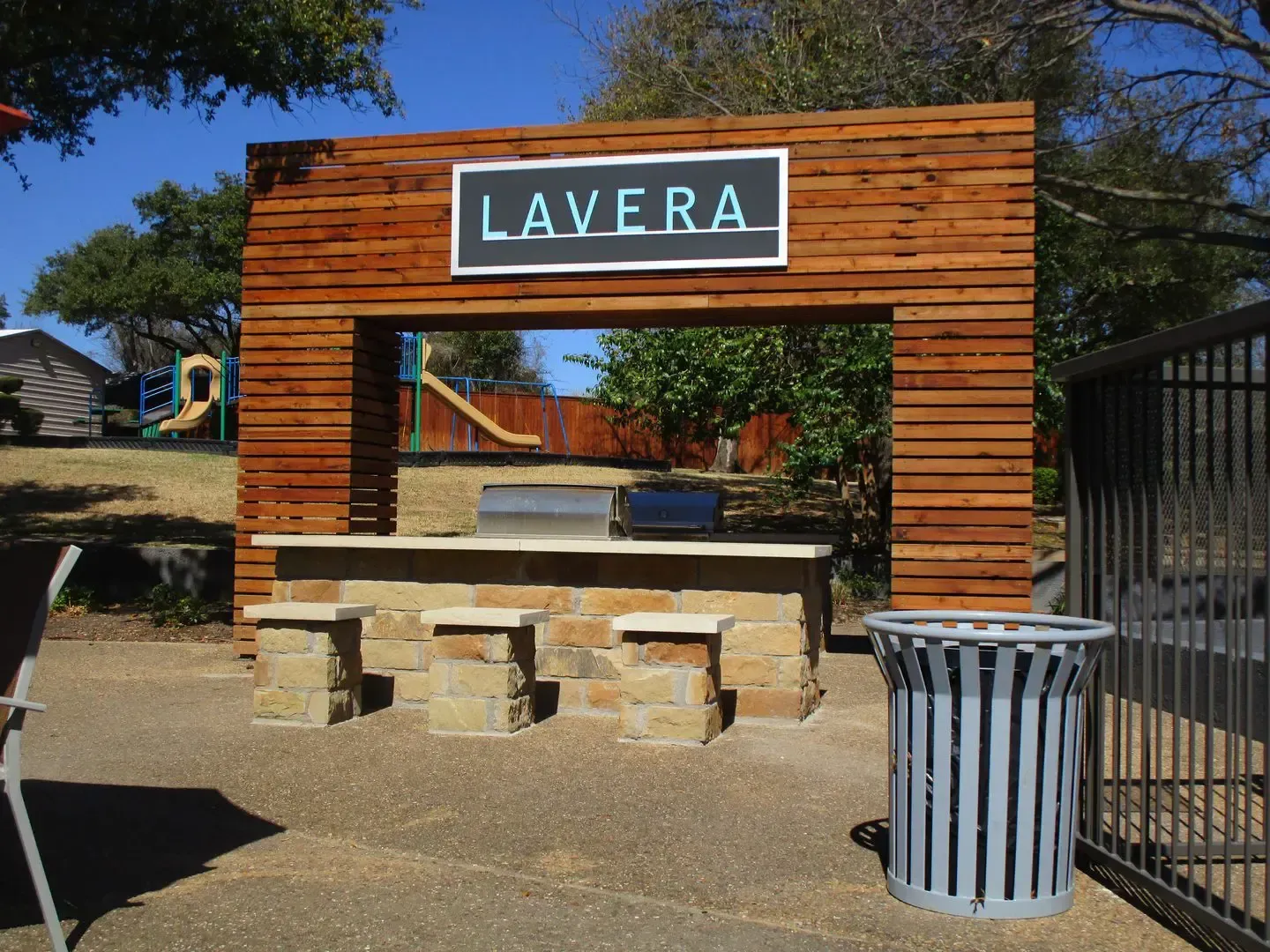 Outdoor cooking area with the name