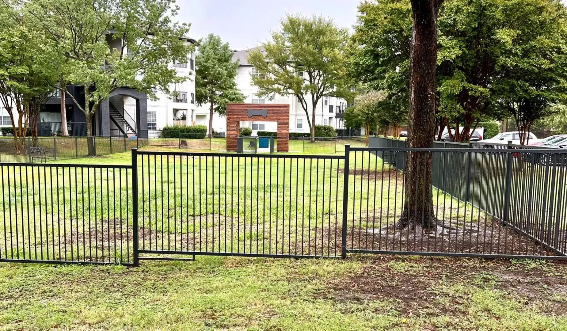 Black fenced dog park with grass, trees, and apartments in the background.