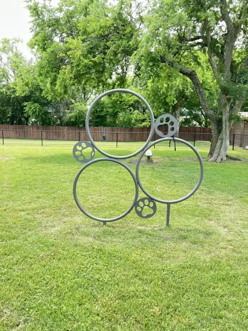 Dog agility equipment with hoops and paw cutouts on grassy lawn.