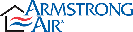 Armstrong Air logo with a house icon and wavy lines in blue and red.