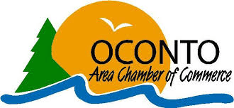 Logo of Oconto Area Chamber of Commerce: Yellow sun, blue water waves, green tree, black text.