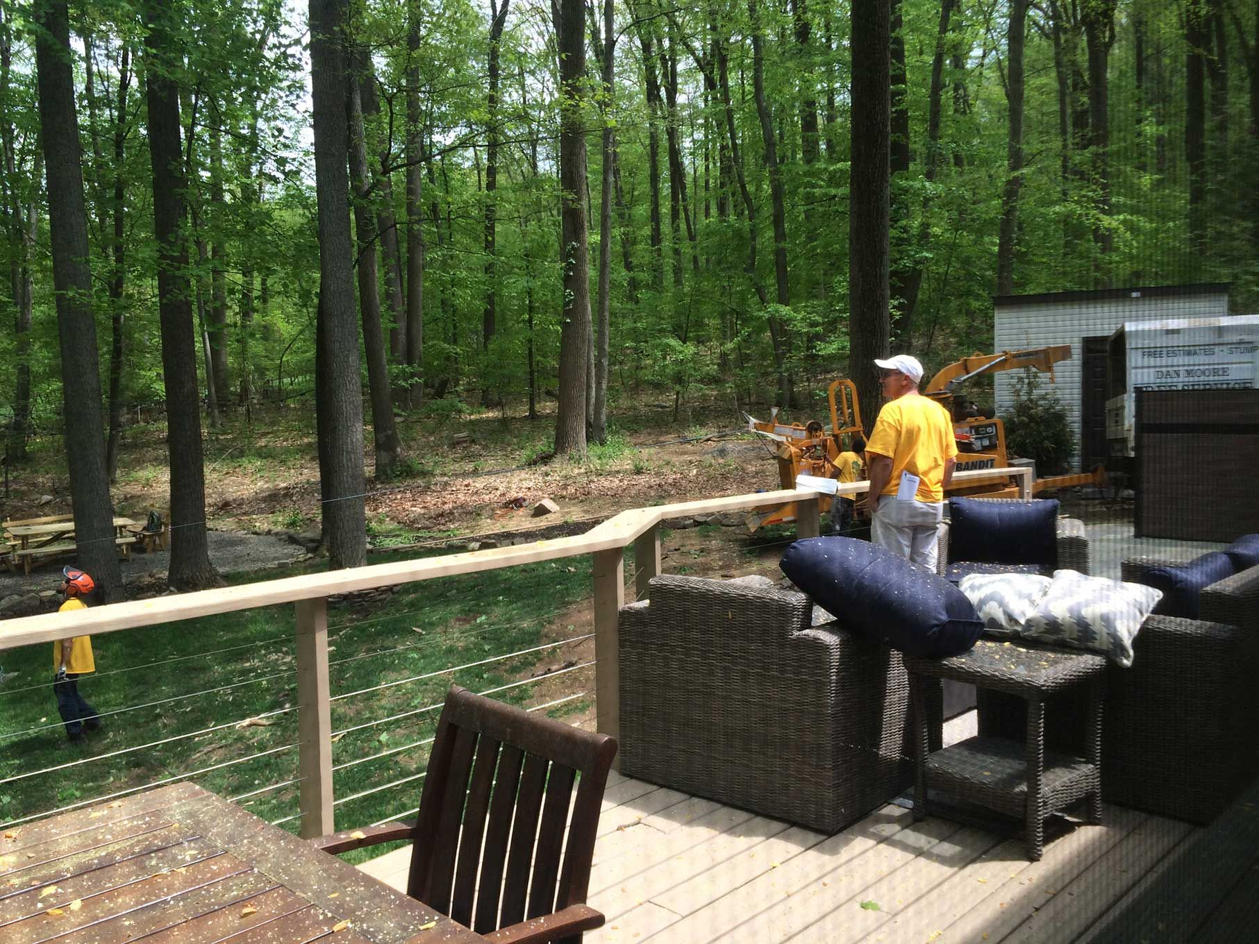 A man in a yellow shirt is standing on a deck overlooking a forest.