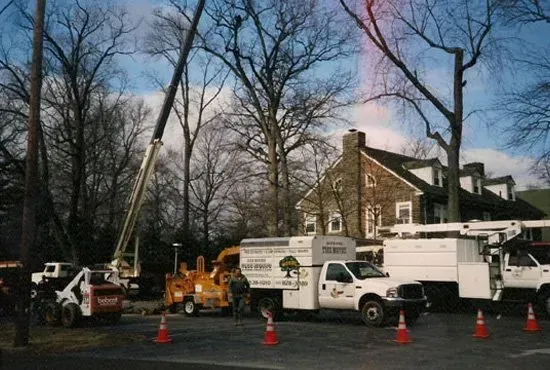 A few trucks are parked in front of a house